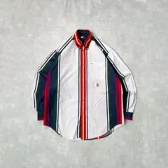 【TOMMY HILFIGER】 ストライプコットンシャツ 刺繍ロゴ トミー
