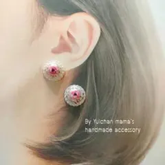 handmadeピアス ピンクフラワー パール風 小さめ ホワイト