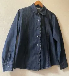 【美品】コットン100%、柔らかデニム地フリル ブラウス兼カーディガンとしても