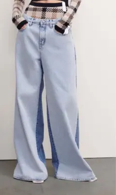 即完売【rokh×H&M】切替デニム ワイドパンツ バイカラー 42のサムネイル