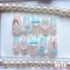 #018 さくらんぼ×くまネイルチップ フレンチガーリー 水色 量産型 ギンガム