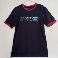 廃盤　バーバリーブラックレーベル 半袖Tシャツ 紺 赤リブ ロゴプリント 日本製