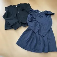 ネイビーリボン付きワンピースと黒カーディガンセット