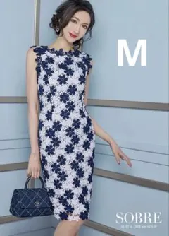 SOBRE ソブレ　フラワーレースドレス ネイビー ホワイト　ワンピース　M