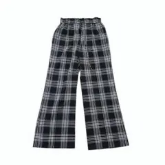 GU チェック柄ワイドパンツ ウエストゴム M チャコールグレー系