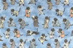 【ゆきちゃん限定】X2361-1 黒猫の鳥獣戯画柄 浮世絵 デニムブルー 1m