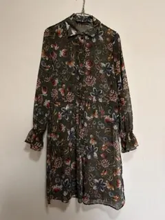 ザラ　花柄　シャツ　ワンピース　グリーンXS