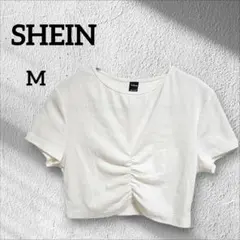SHEIN 【M】フロントギャザー クロップド丈 半袖 リブ ホワイト