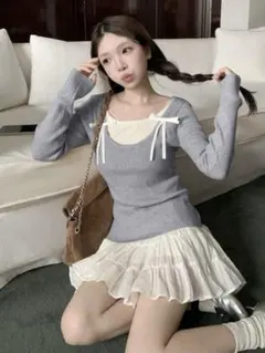 SHEIN リボン付きレイヤード風クルーネックリブニット 長袖 グレー M