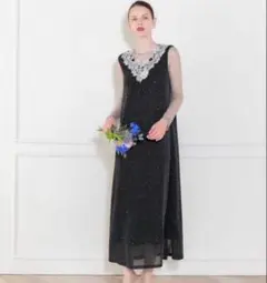 Leja レースネック透け袖スリットキラキラロングドレスワンピース