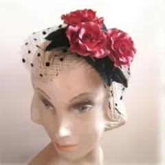 新品未使用 ダークレッドローズ×ブラックドットチュール×リーフのヘッドドレス