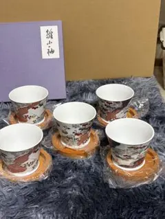 【未使用】有田焼 千峰 雛小袖 煎茶碗揃 5客セット コースター付 湯呑み 箱付