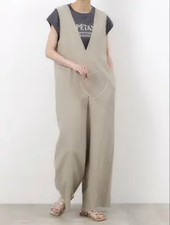 リネンライクVネック　オールインワン【ストレッチ/イージーケア/洗濯機洗い可】