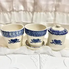 カントリー 雑貨 ブルーハート キャニスター 植木鉢 受け皿 陶器 4個