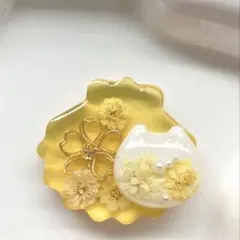 レジン ヘアゴム シェルと猫ちゃんフェイス クリアイエロー◡̈