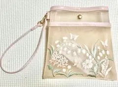 フランフラン メッシュポーチ 花柄 蝶 刺繍 ピンク ストラップ付のサムネイル