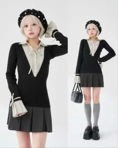 シャツドッキングプリーツミニワンピース/BLK