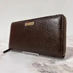 美品 グッチ シマレザー GG 長財布 ゴールド プレート ダークブラウン