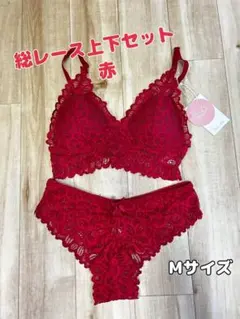 総レースブラジャーショーツセット 赤 M/Lサイズ