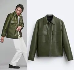 （入手困難）ZARA フェイクレザージャケット　カーキのサムネイル