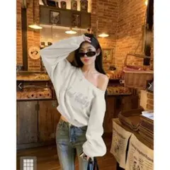 GRL pm692 ビジューロゴオフショルトップス ショート丈