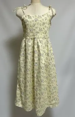 H&M 花柄 シャーリング キャミワンピース イエロー L