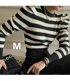 SHEIN　DAZY ボーダーパワーショルダーニット　 長袖 　黒×オフホワイト