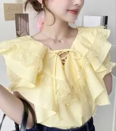 moment+ ビッグカラーカスケードフリルレースアップ半袖ブラウス イエロー