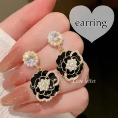 No.344A アンティークローズパールビジューイヤリング 黒 韓国 量産型