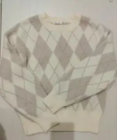 ダイヤモンドパターン 長袖セーター アイボリー ベージュ
