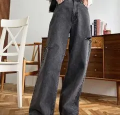モーメントプラス ヘビーツイル＆デニム ダメージストレートパンツ ブラック系のサムネイル