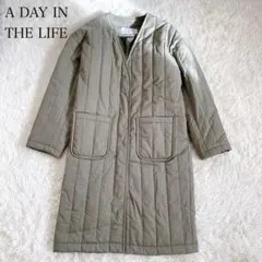 アデイインザライフ　キルティングロングコート　カーキ　ゆったり　絹　ナイロン　混