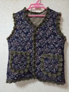 韓国 ハルモニチョッキ キムジャンベスト ファー付　キルティングベスト　紺　渋め