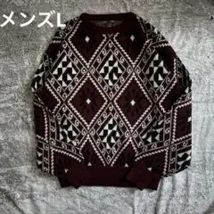 セーター　長袖　ニット　丸襟　総柄　アーガイル　赤　L メンズ　デザイン