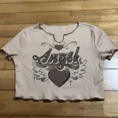 クロップド丈　プリント　半袖Tシャツ　ベージュ