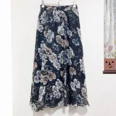 美品★ フラワー柄 ロング フレアスカート ブラック 手洗い可 シェトワ