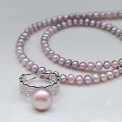 淡水真珠　本真珠　ナチュラルカラー　ラベンダー系　透かし編みリング　SV