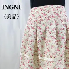 【美品】イング　ポリエステル花柄フレアミニスカート　裾レースサイドジップ