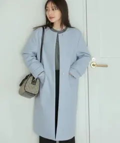 ライトブルーロングコート vis ノーカラーコート