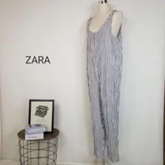 ZARAテクスチャードストライプ柄ジャンプスーツL灰白オールインワンサロペット