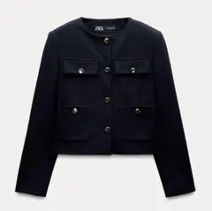 【ZARA】ザラ　ノーカラージャケット　金ボタン　ネイビー