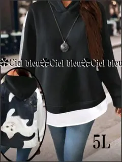 5L★猫ブリント※ブラック系　内側ボアゆったりシルエットパーカー※大きいサイズ