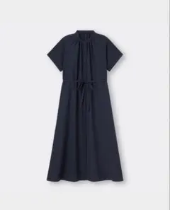 バンドカラーシャツワンピース（半袖） M ブラック