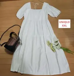 UNIQLO リネンブレンドシャーリングワンピース XXL ホワイト