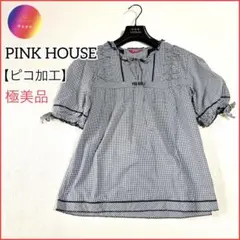 極美品✨ PINKHOUSE ギンガム　リボン　フリル半袖　ブラウス　F レース