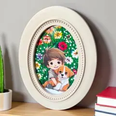 【かわいい花柄×犬と少年】楕円形フレーム付きインテリアアート 18×14㎝