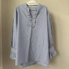 ラジエム フロントフリルブラウス 青白ストライプシャツ オーバーサイズ