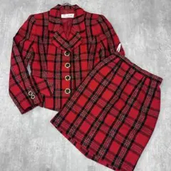 C619 昭和レトロ バブリースーツ 上下 赤 タータンチェック 金ボタン