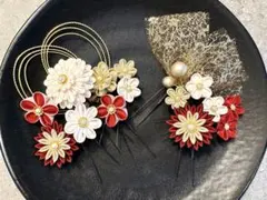 つまみ細工髪飾り ヘアアクセサリー　成人式　振袖　七五三　赤　ゴールド