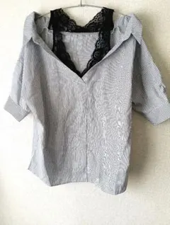 ストライプ オフショルダー 半袖シャツブラウス レース付き　SPRAY／匿名配送